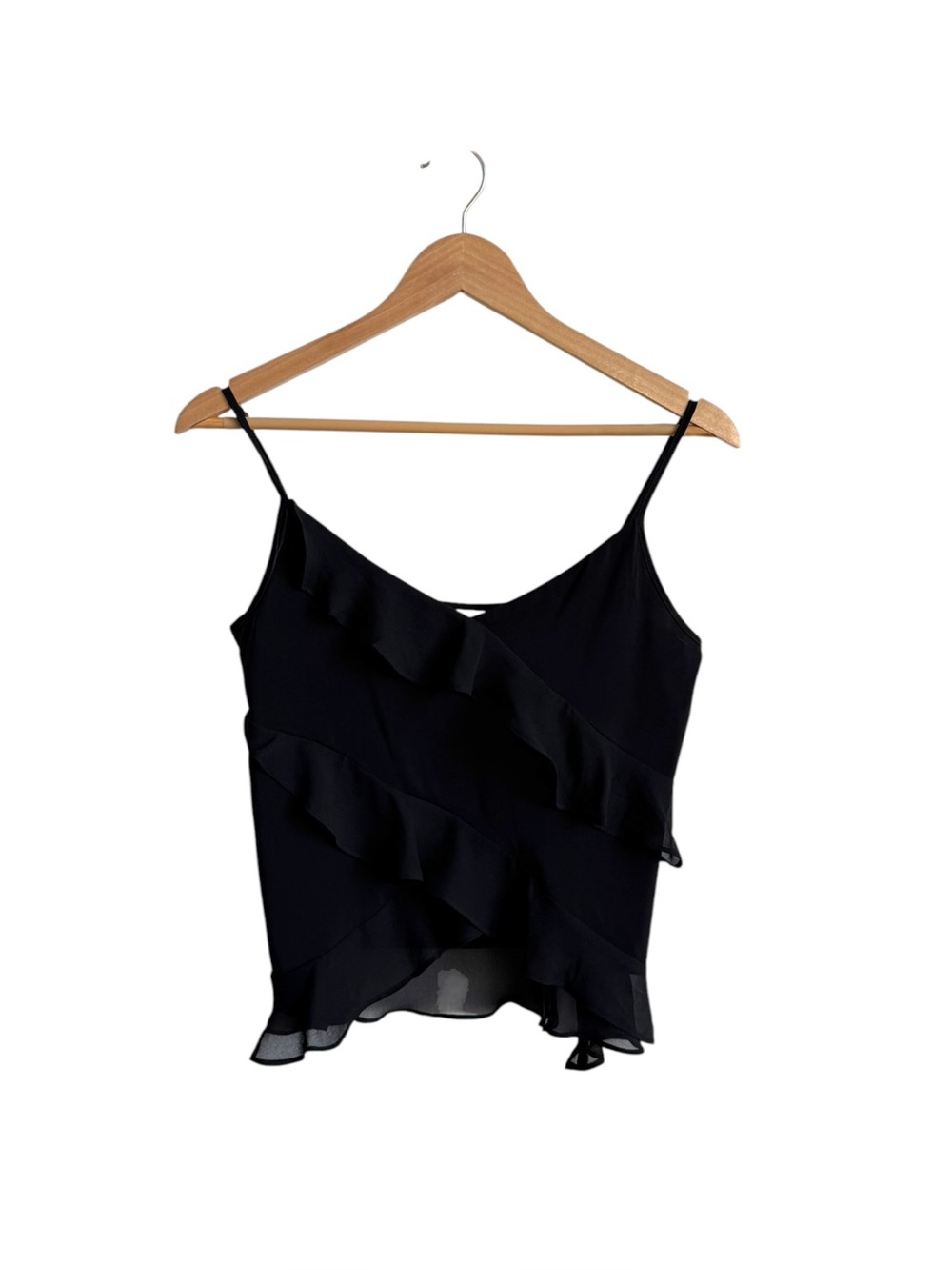 Elodie Black Chiffon Cascading Ruffle Camisole Blouse Asymmetrical Top XS